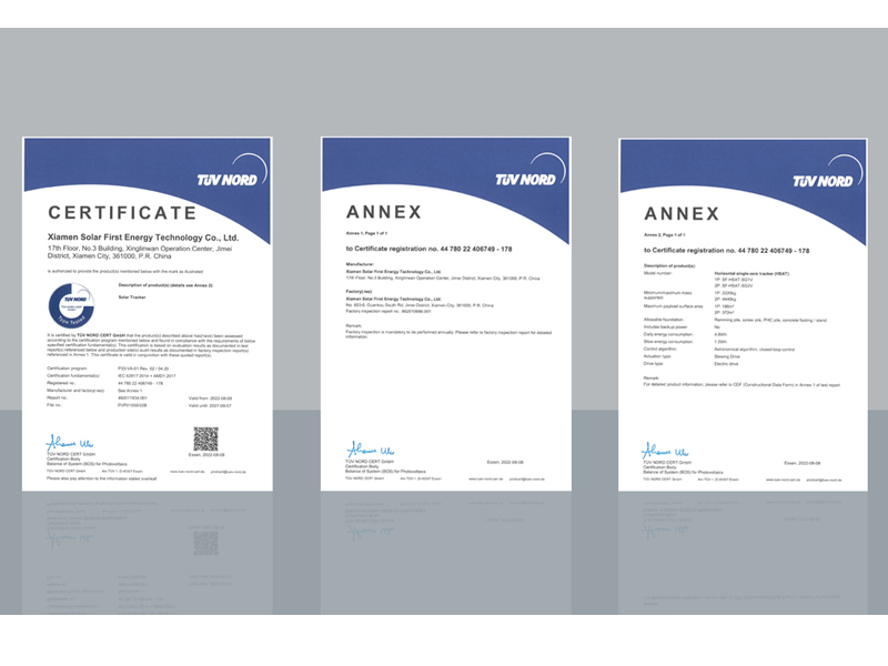 Die Tracking-Systemprodukte der Horizon-Serie von SolFirsTech haben das IEC62817-Zertifikat erhalten